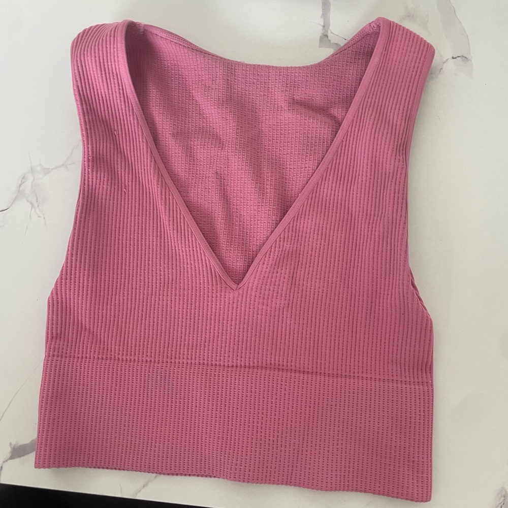 Pink Ribbed V-Neck Women's Top